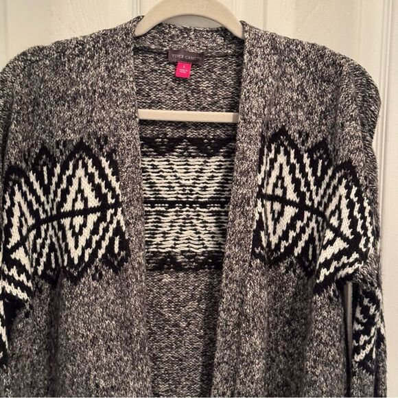 Vince Camuto Womens Sweater Size Small Open Front Cardigan Black Gray Fair Isle - Picture 2 of 7
